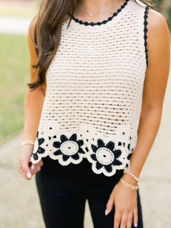 Tops - Crochet Floral-Trim Sleeveless Tank Top - Cream with Black Accents